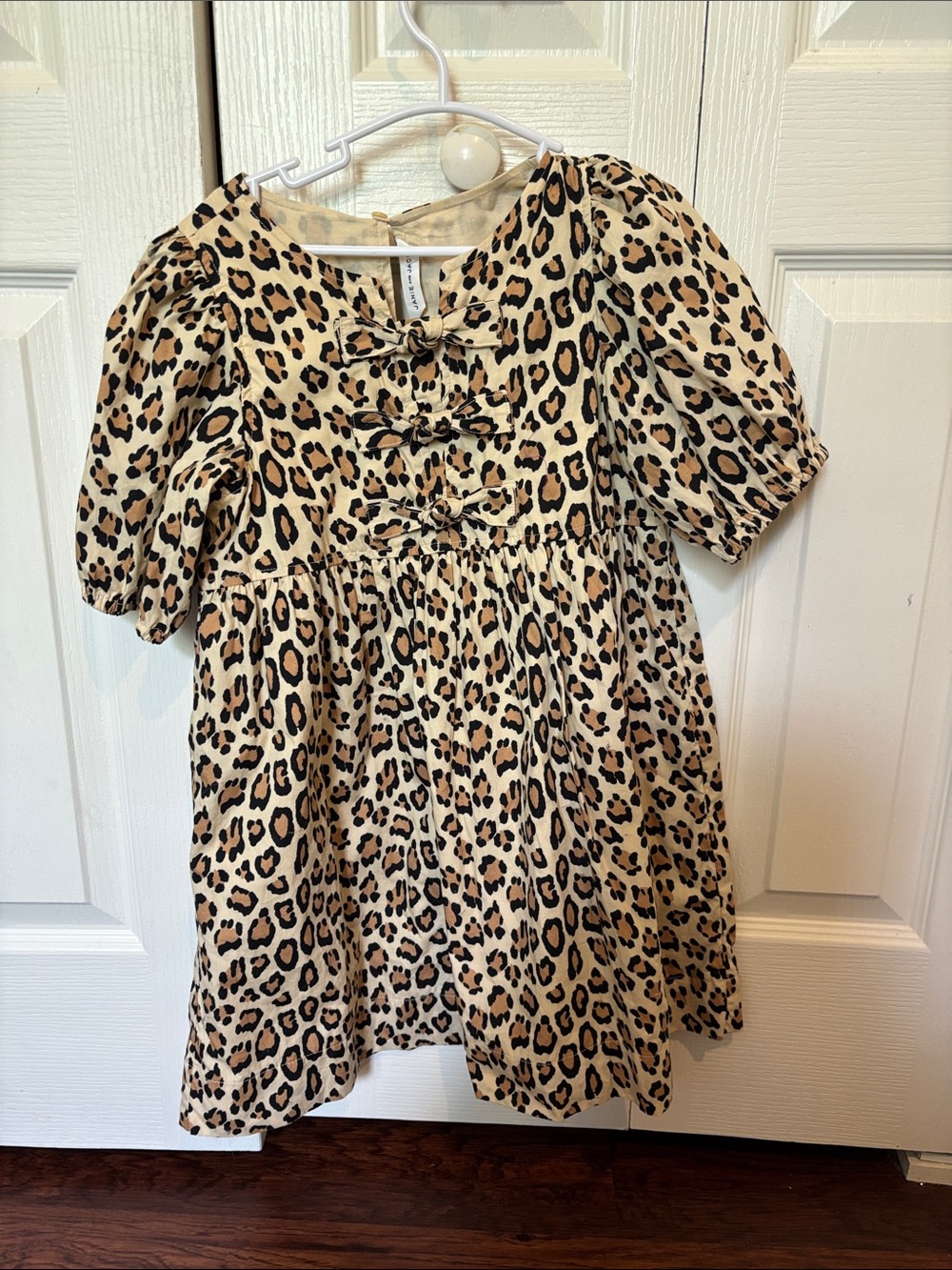 Girls' Leopard Print Puff Sleeve Dress - Beige